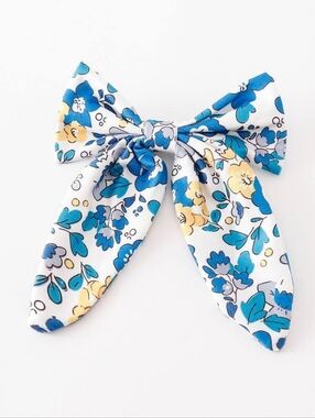 Blue & Yellow Floral Kids Hair Bow with White Base